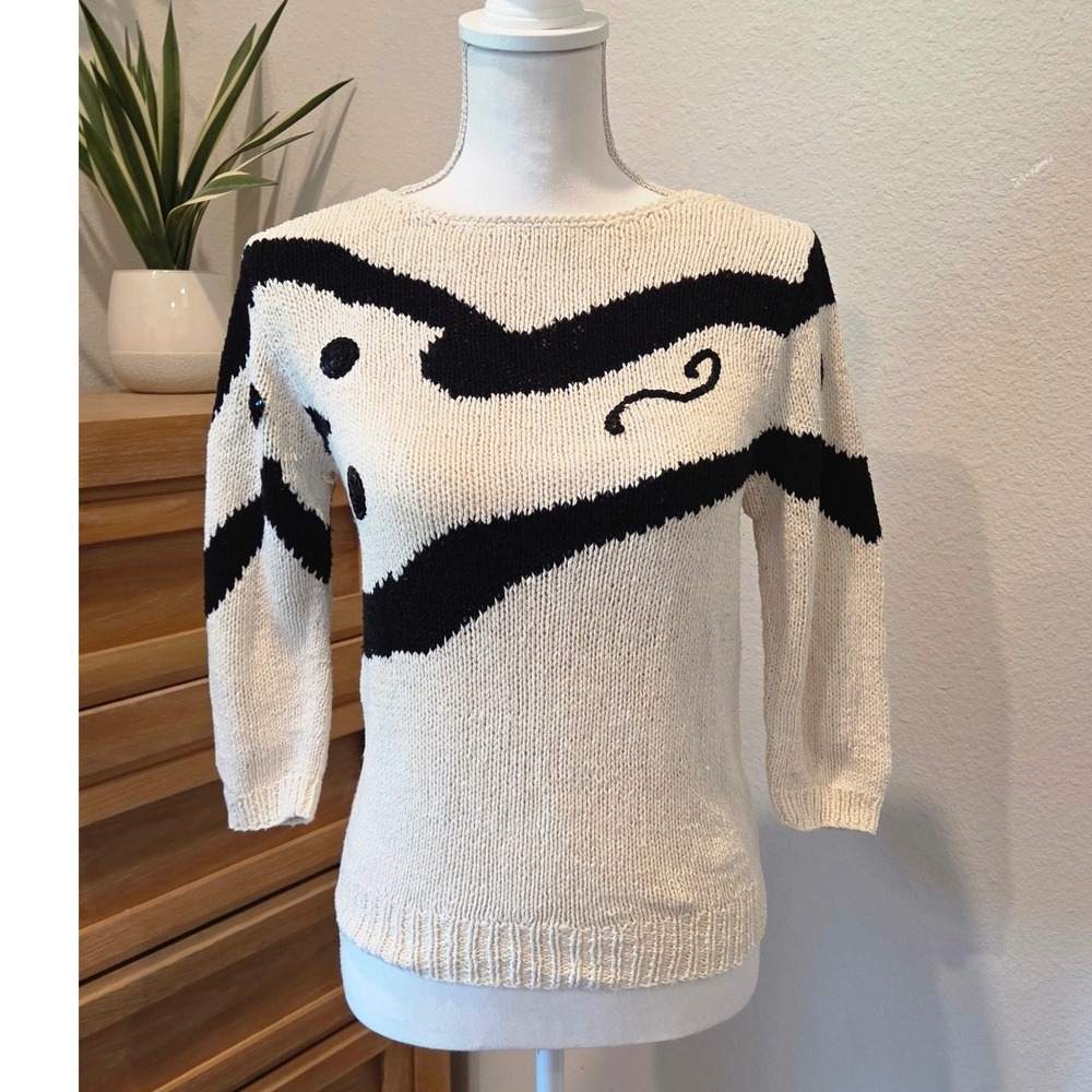 Lloyd Williams Abstract Silk Cotton Sweater 3/4 Sleeve Cream Black Vintage M